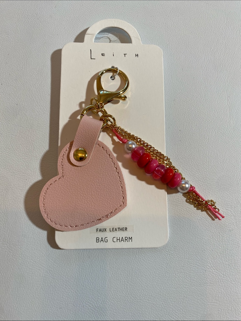 Leith Pink Heart Keychain with Gold Clasp and Beaded Tassel
